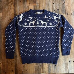 Boys' dog Fair Isle crewneck sweater in navy. Size 8-9.
